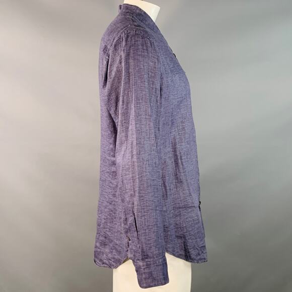 GIORGIO ARMANI L Blue Woven Linen Collarless Double Zipper Long Sleeve Shirt - Picture 2 of 6